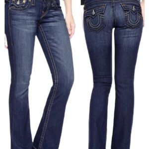 True Religion Becky Boot Cut Jeans Womens 28x32 Dark Blue Wash Flap Pockets